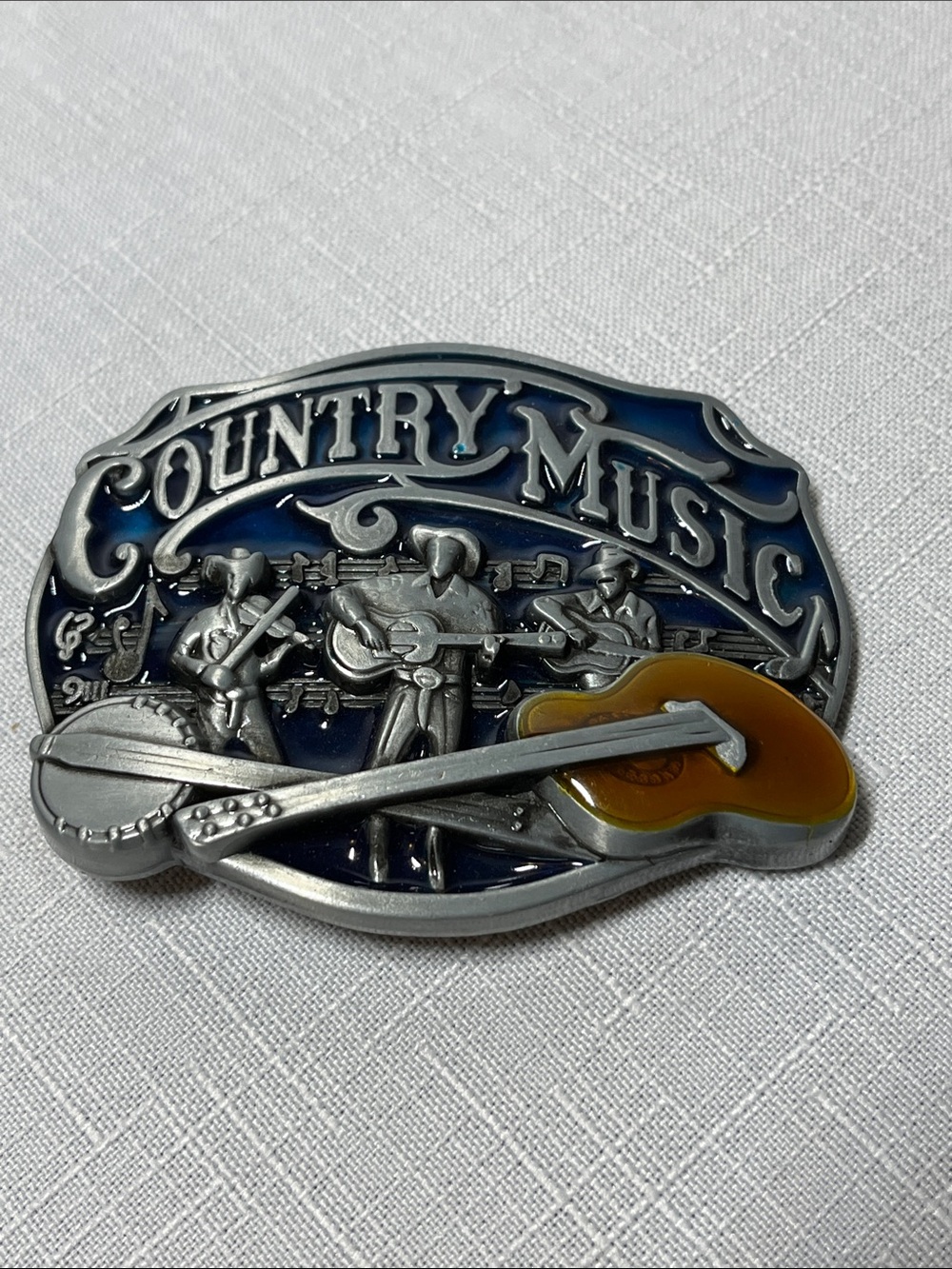 Country Music Belt Buckle - Silver with Blue and Amber Accent